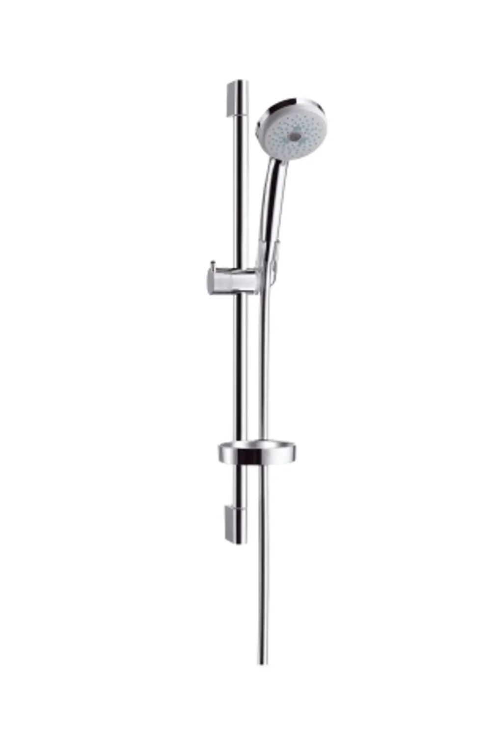 Brauseset aus Chrom von Hansgrohe, bestehend aus einer Brausestange und einem Duschkopf. Enthält eine Halterung und eine Seifenschale. Schlichtes design für eine funktionale Dusche.